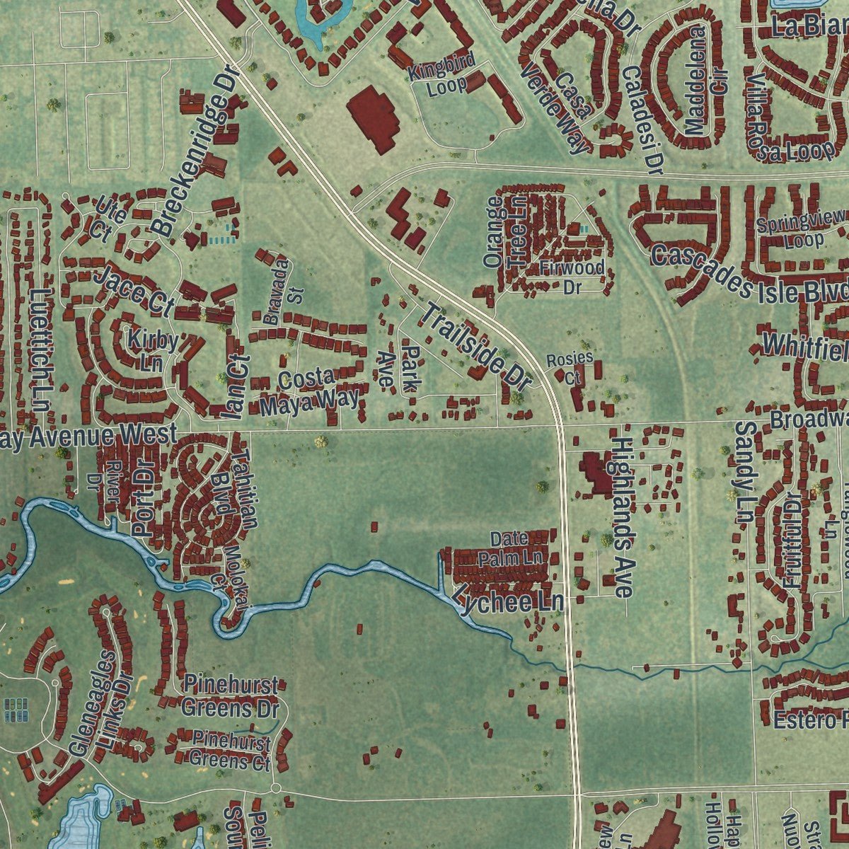 Second close-up of the map of Estero, Florida print showing more streets and buildings