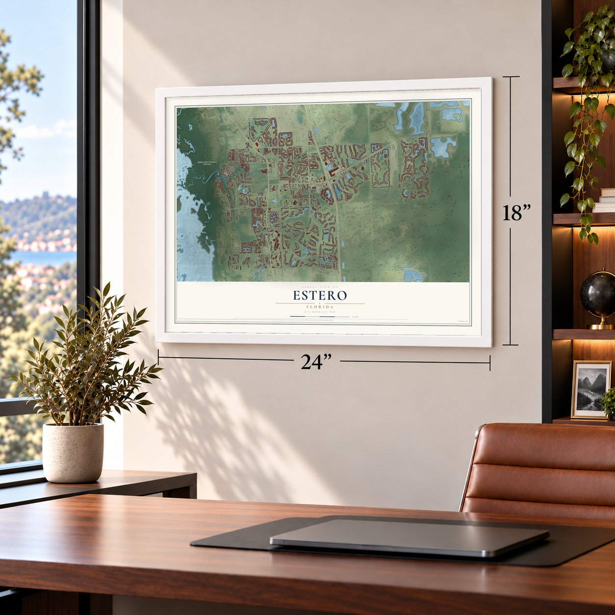 Estero, Florida map, 18 x 24 inch print in a white frame in a home office