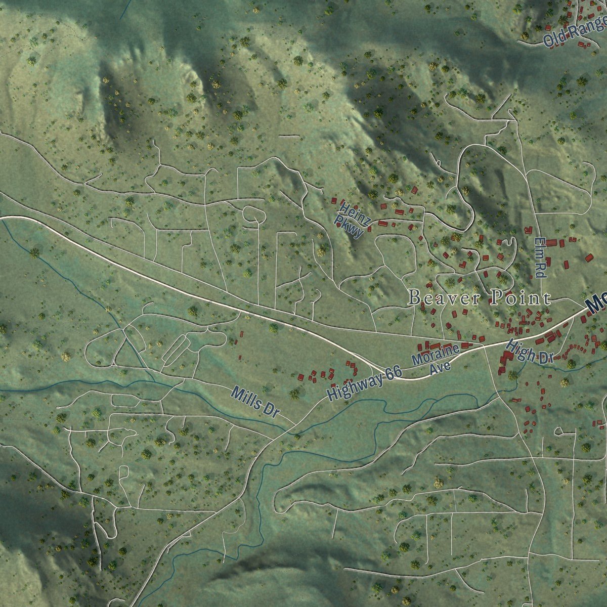 Second close-up of the map of Estes Park, Colorado print showing more streets and buildings