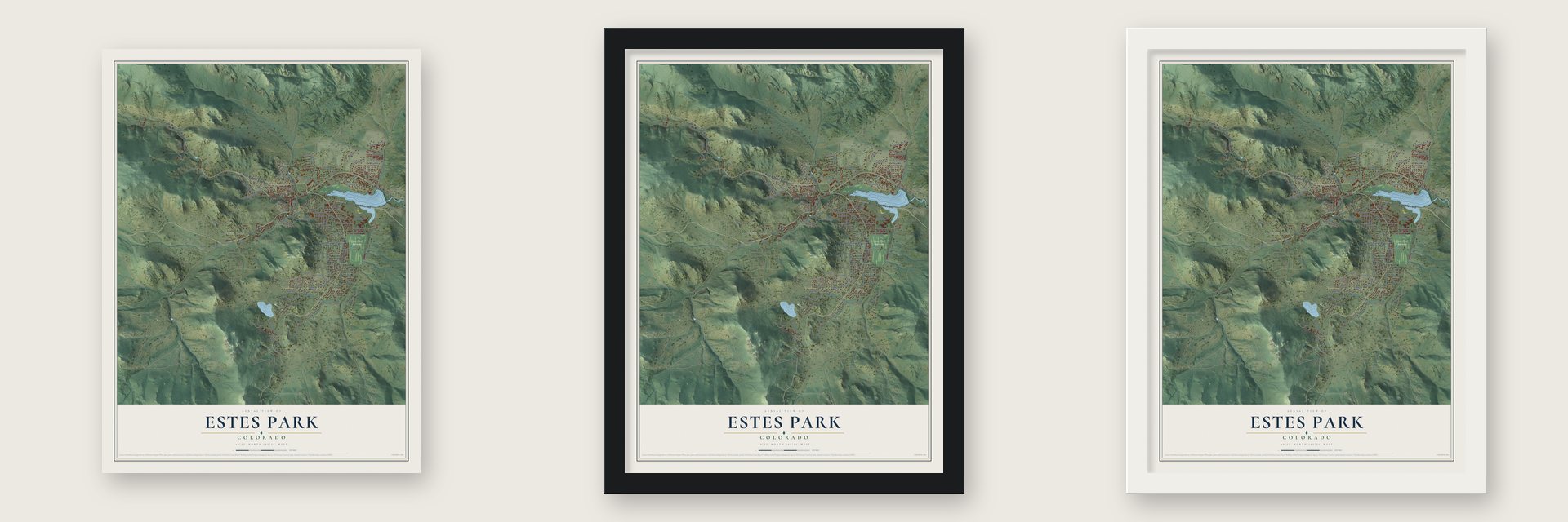 Estes Park, Colorado map unframed, in a black wood frame and in a white wood frame