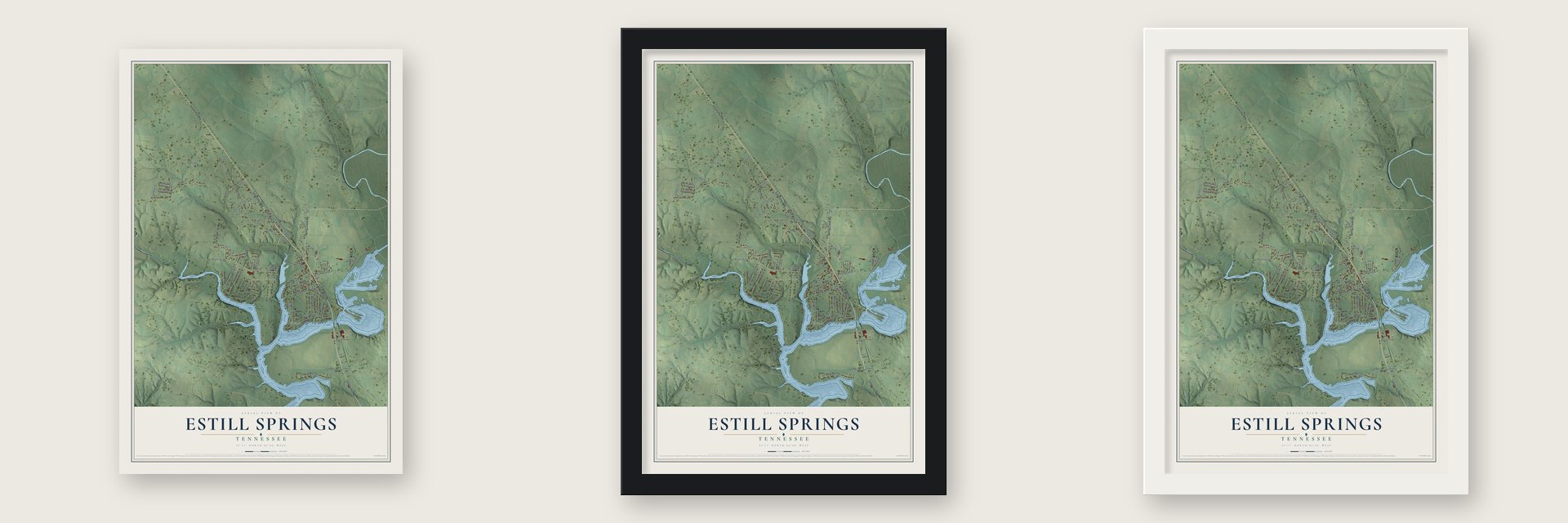Estill Springs, Tennessee map unframed, in a black wood frame and in a white wood frame
