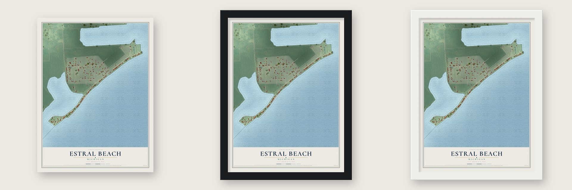 Estral Beach, Michigan map unframed, in a black wood frame and in a white wood frame