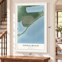 Estral Beach, Michigan map, 24 x 36 inch print in a white frame by a staircase
