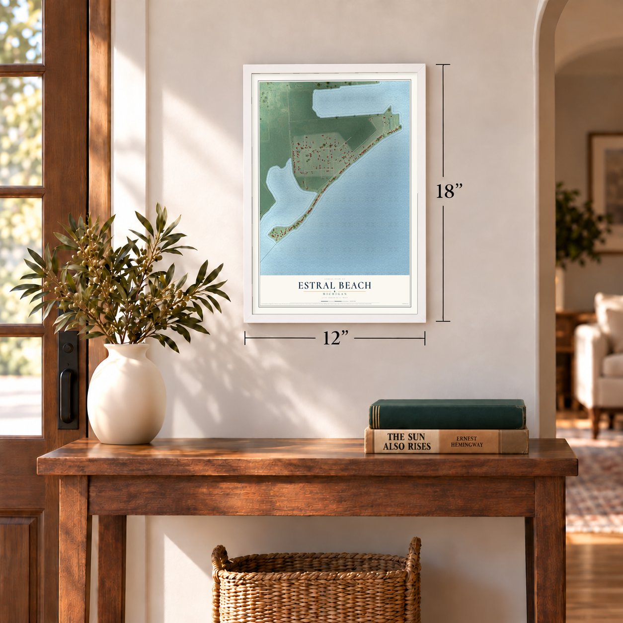 Estral Beach, Michigan map, 12 x 18 inch print in a white frame in an entryway