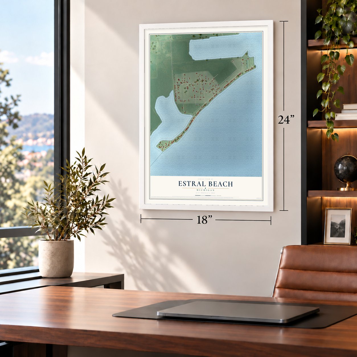 Estral Beach, Michigan map, 18 x 24 inch print in a white frame in a home office