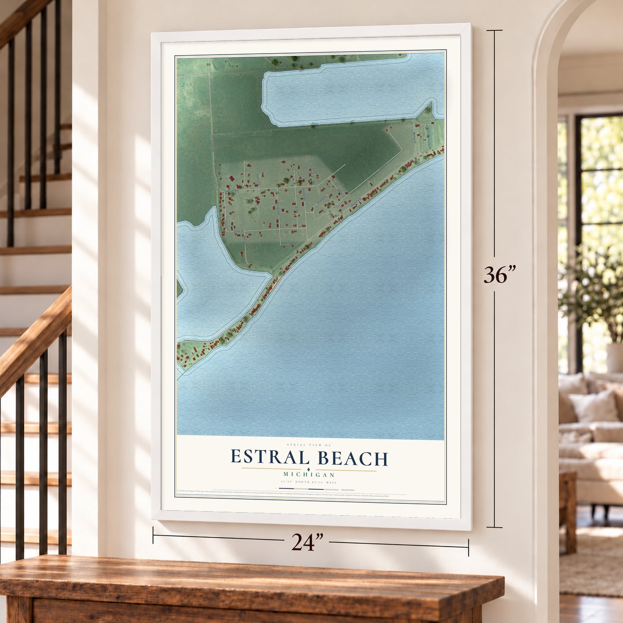 Estral Beach, Michigan map, 24 x 36 inch print in a white frame by a staircase