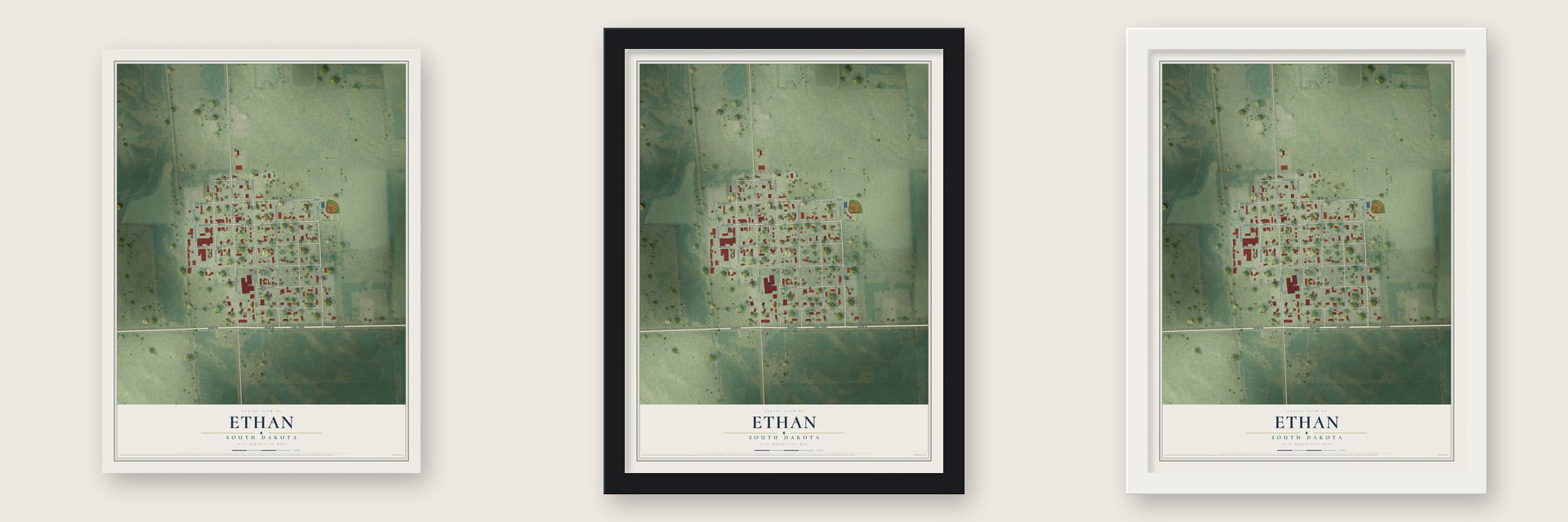 Ethan, South Dakota map unframed, in a black wood frame and in a white wood frame