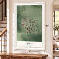 Ethan, South Dakota map, 24 x 36 inch print in a white frame by a staircase