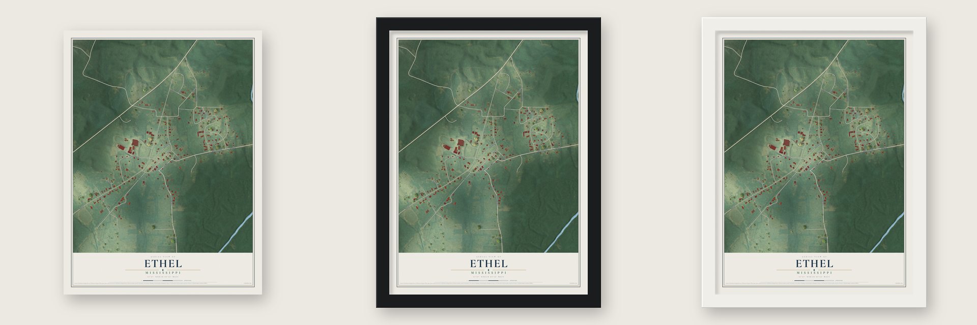 Ethel, Mississippi map unframed, in a black wood frame and in a white wood frame