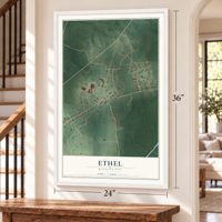 Ethel, Mississippi map, 24 x 36 inch print in a white frame by a staircase