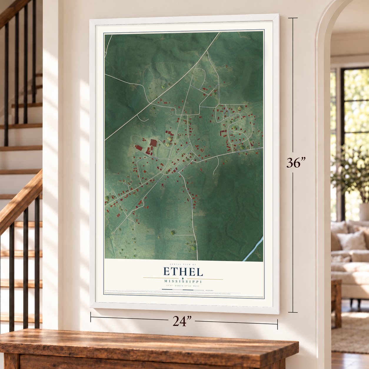 Ethel, Mississippi map, 24 x 36 inch print in a white frame by a staircase