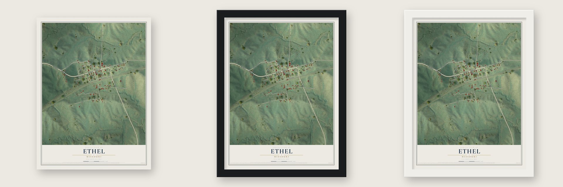 Ethel, Missouri map unframed, in a black wood frame and in a white wood frame
