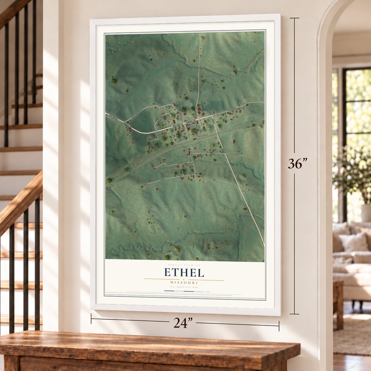 Ethel, Missouri map, 24 x 36 inch print in a white frame by a staircase