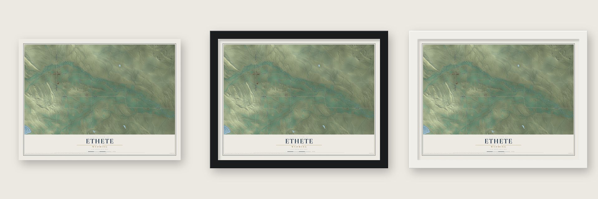 Ethete, Wyoming map unframed, in a black wood frame and in a white wood frame