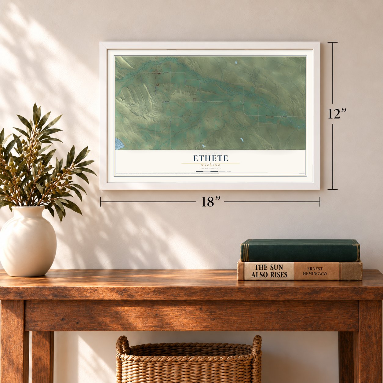 Ethete, Wyoming map, 12 x 18 inch print in a white frame in an entryway