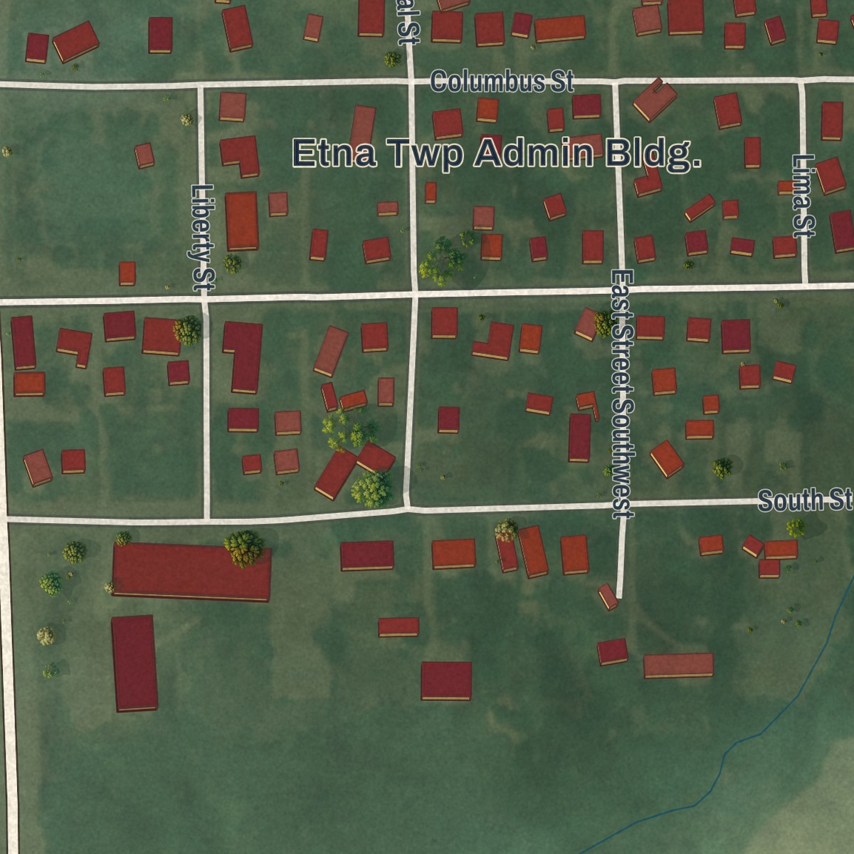 Second close-up of the map of Etna, Ohio print showing more streets and buildings