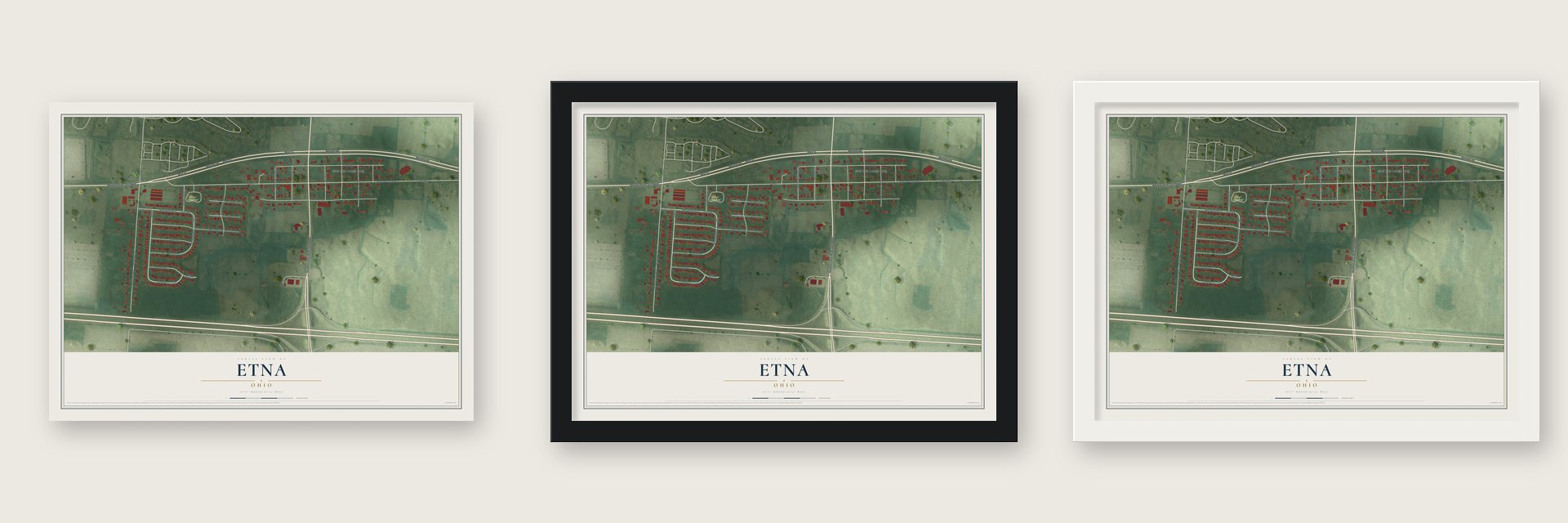 Etna, Ohio map unframed, in a black wood frame and in a white wood frame
