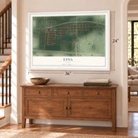 Etna, Ohio map, 24 x 36 inch print in a white frame above a dresser by a staircase