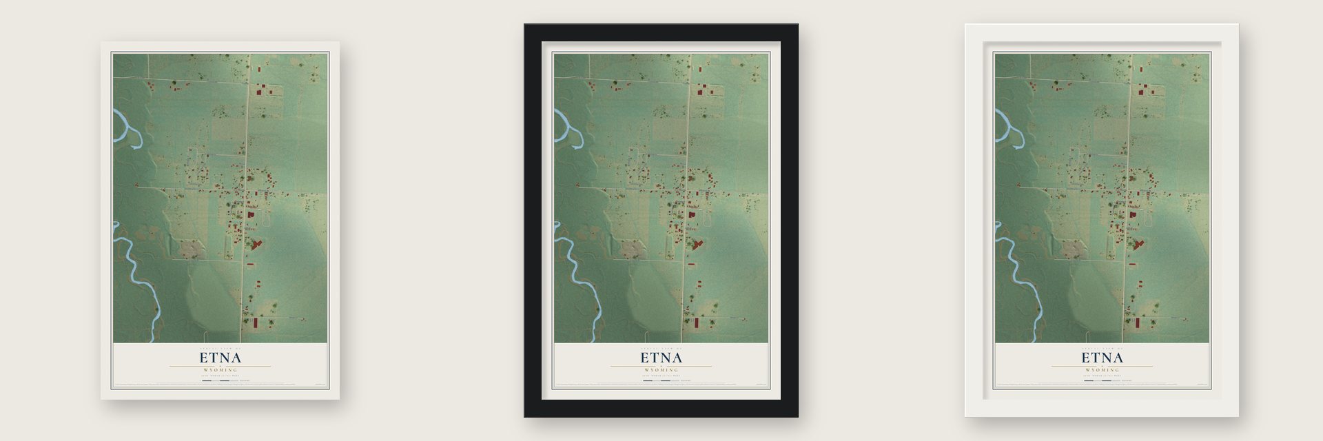 Etna, Wyoming map unframed, in a black wood frame and in a white wood frame