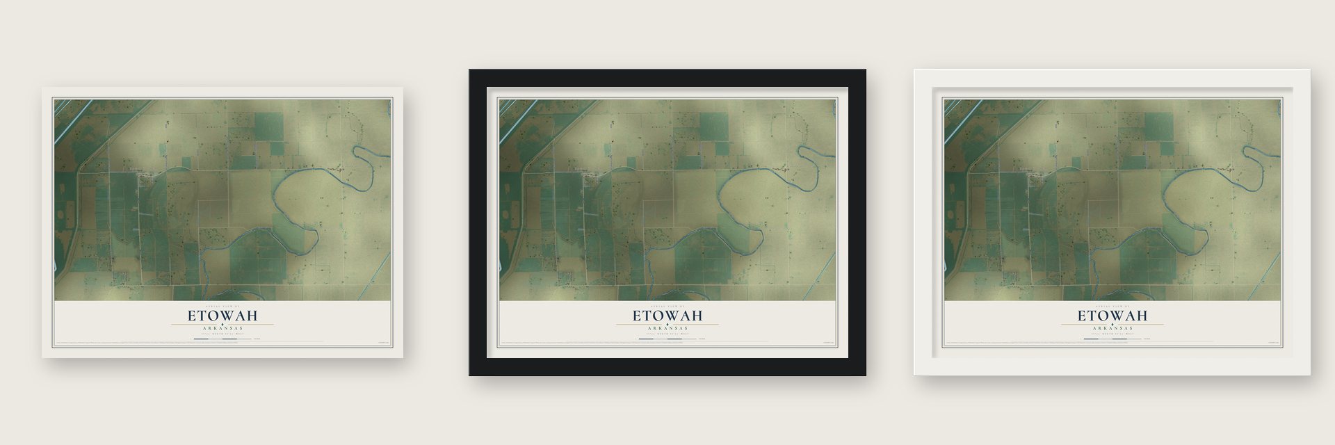 Etowah, Arkansas map unframed, in a black wood frame and in a white wood frame