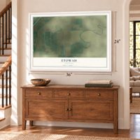 Etowah, Arkansas map, 24 x 36 inch print in a white frame above a dresser by a staircase