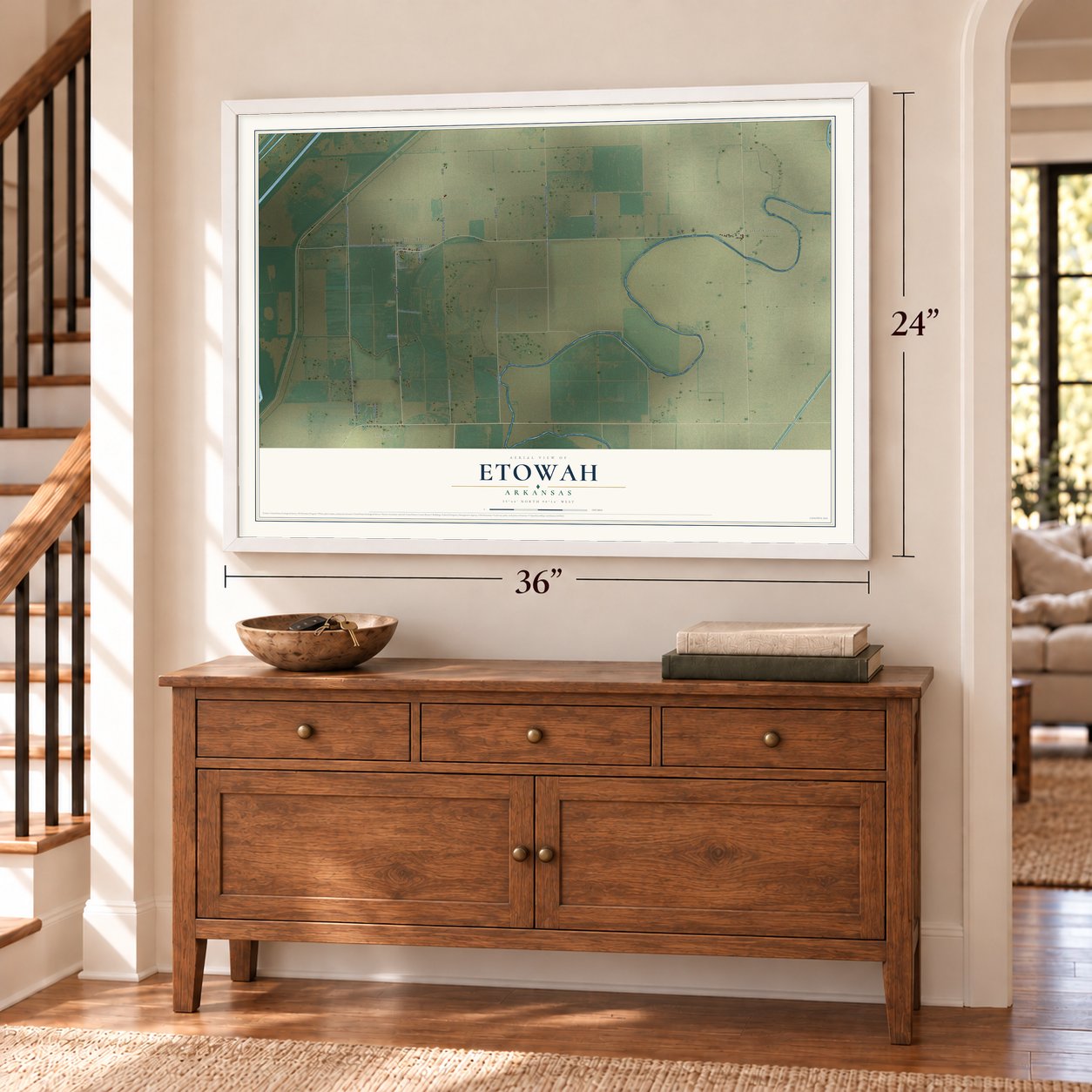 Etowah, Arkansas map, 24 x 36 inch print in a white frame above a dresser by a staircase