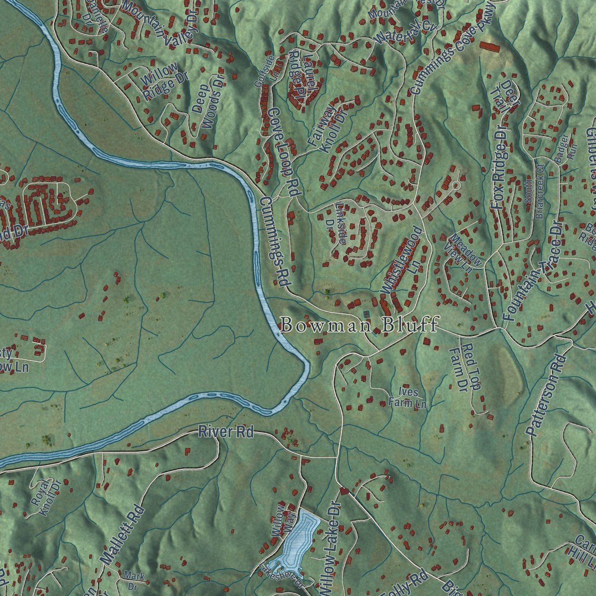 Second close-up of the map of Etowah, North Carolina print showing more streets and buildings
