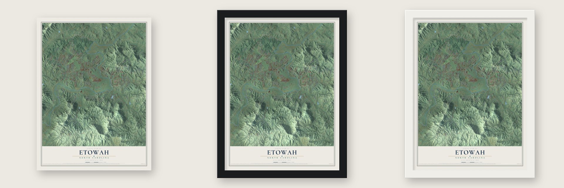 Etowah, North Carolina map unframed, in a black wood frame and in a white wood frame