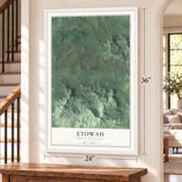 Etowah, North Carolina map, 24 x 36 inch print in a white frame by a staircase