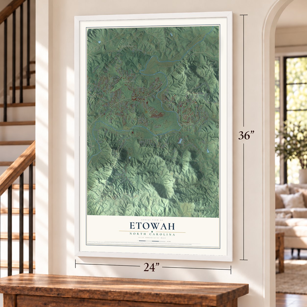 Etowah, North Carolina map, 24 x 36 inch print in a white frame by a staircase