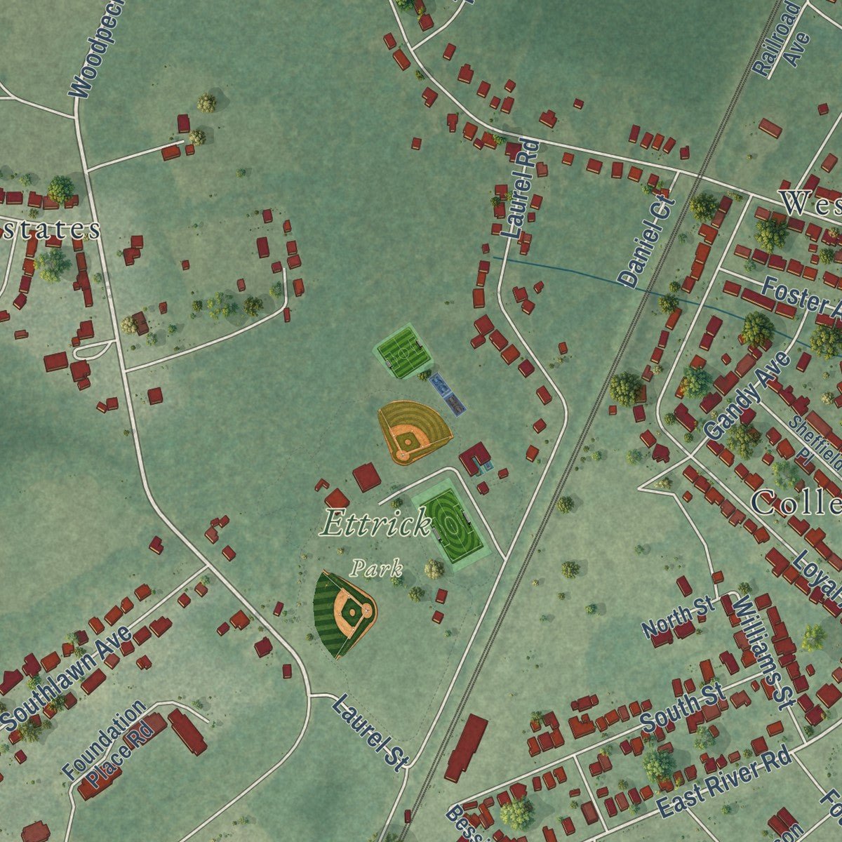 Second close-up of the map of Ettrick, Virginia print showing more streets and buildings