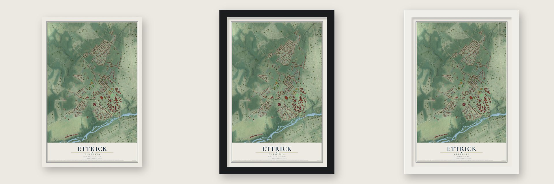 Ettrick, Virginia map unframed, in a black wood frame and in a white wood frame