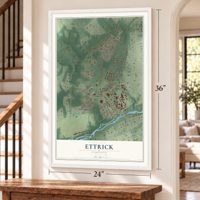 Ettrick, Virginia map, 24 x 36 inch print in a white frame by a staircase
