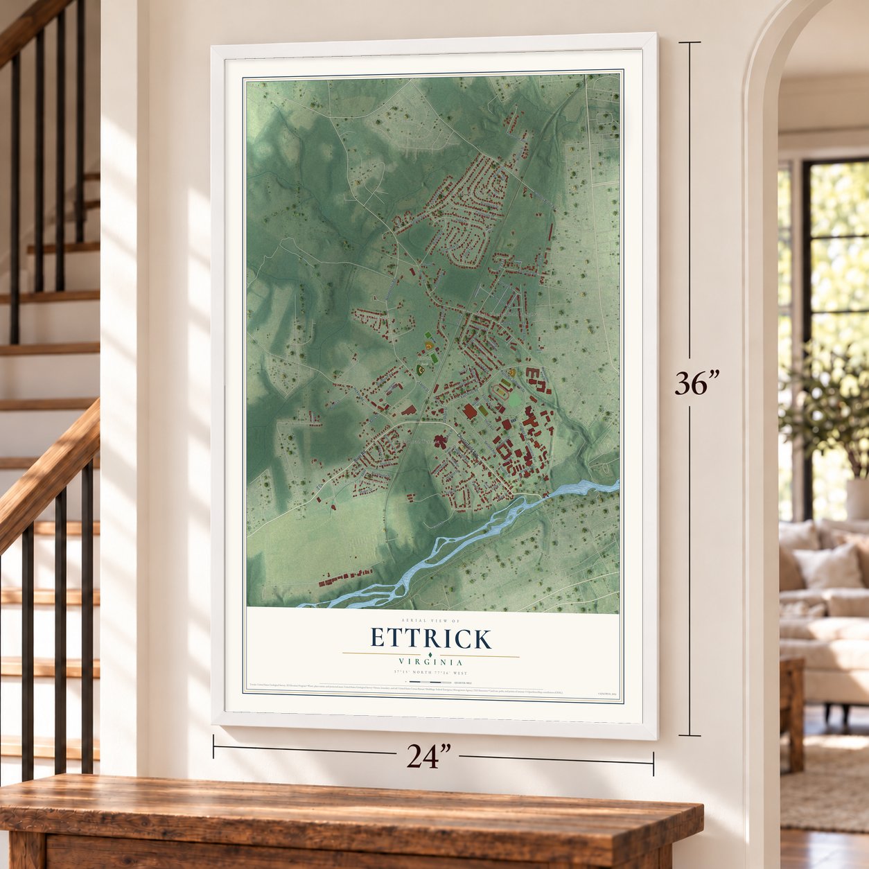 Ettrick, Virginia map, 24 x 36 inch print in a white frame by a staircase