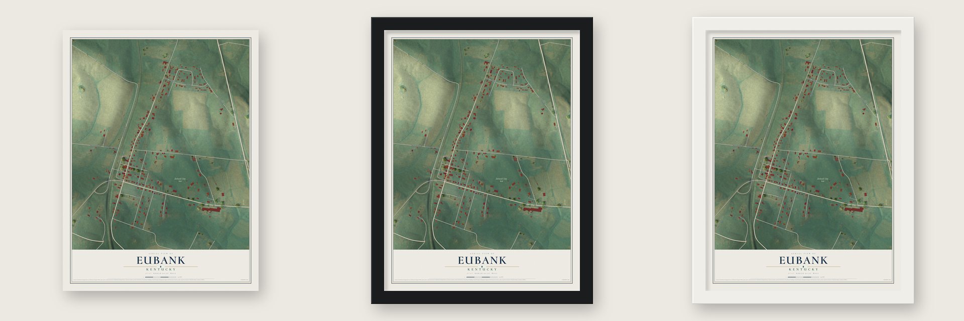 Eubank, Kentucky map unframed, in a black wood frame and in a white wood frame
