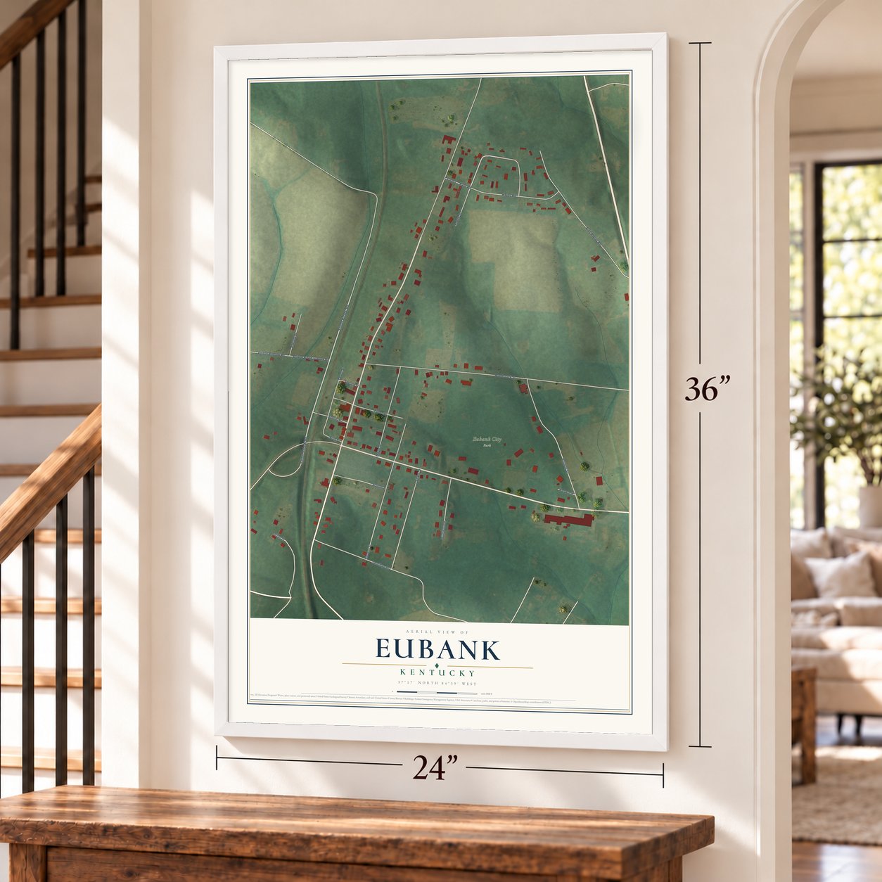 Eubank, Kentucky map, 24 x 36 inch print in a white frame by a staircase