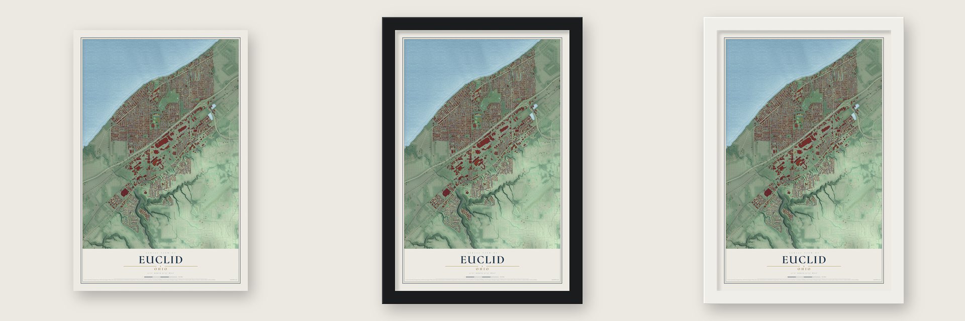 Euclid, Ohio map unframed, in a black wood frame and in a white wood frame