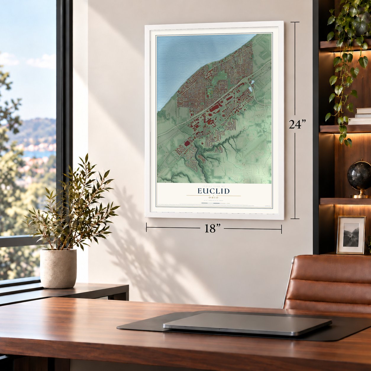 Euclid, Ohio map, 18 x 24 inch print in a white frame in a home office