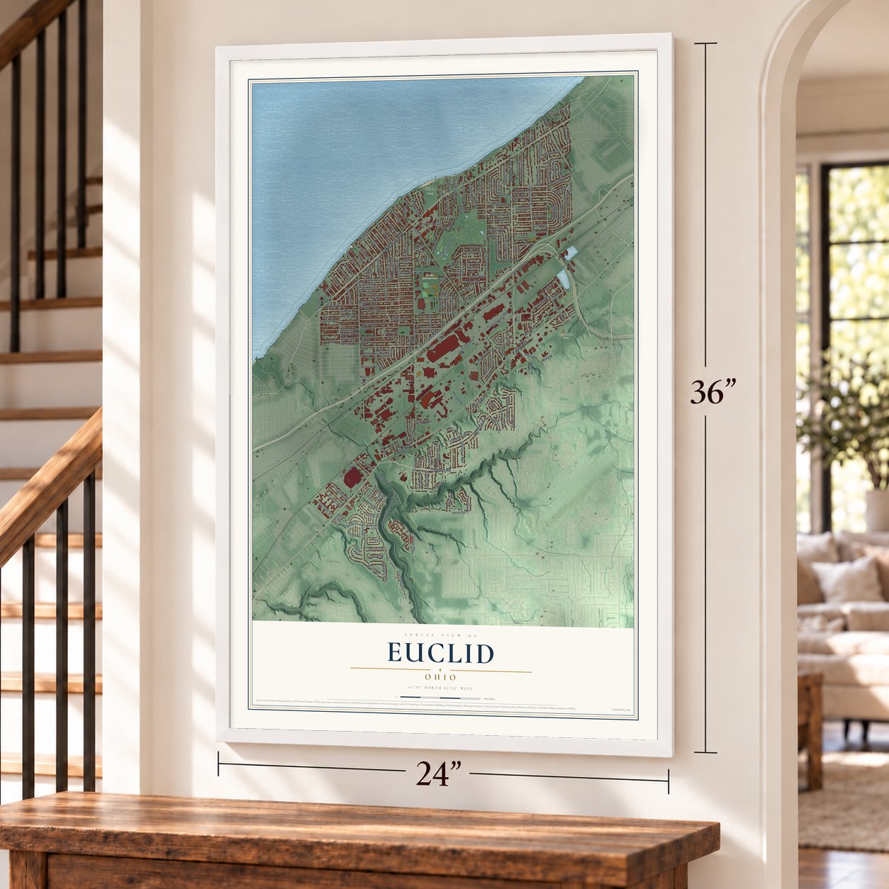 Euclid, Ohio map, 24 x 36 inch print in a white frame by a staircase