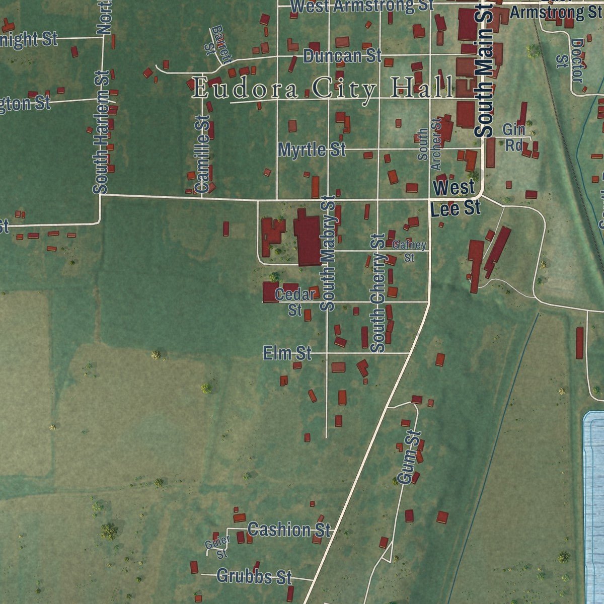 Second close-up of the map of Eudora, Arkansas print showing more streets and buildings