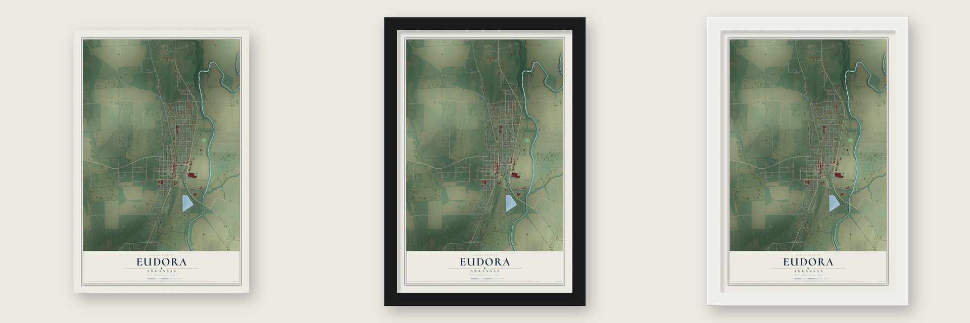 Eudora, Arkansas map unframed, in a black wood frame and in a white wood frame