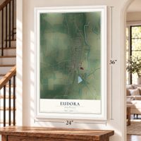 Eudora, Arkansas map, 24 x 36 inch print in a white frame by a staircase
