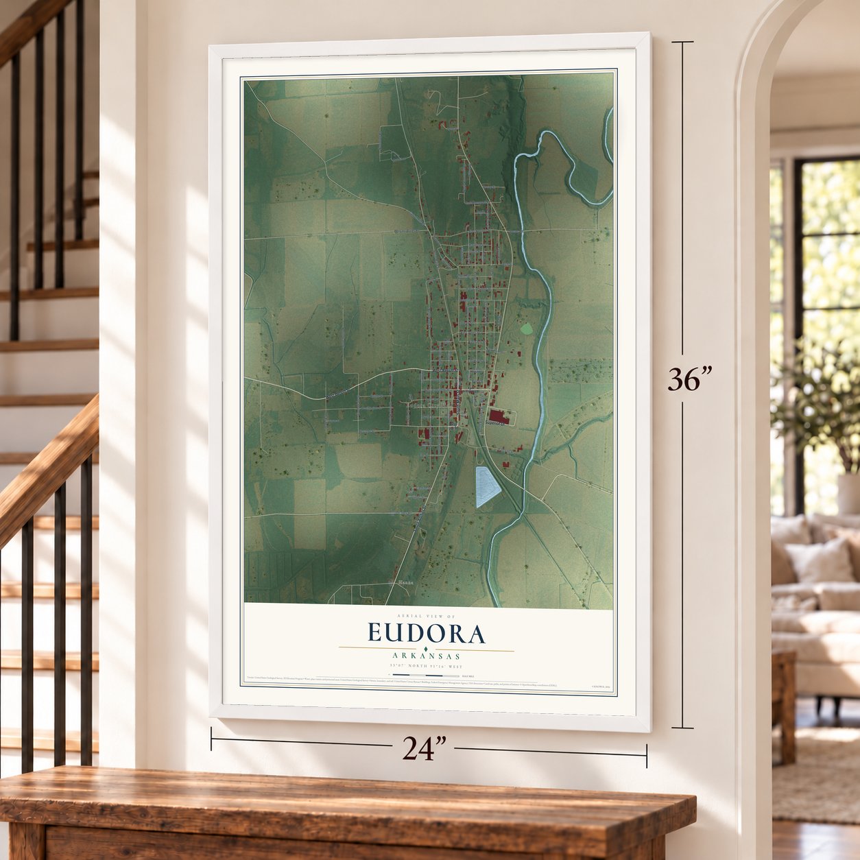 Eudora, Arkansas map, 24 x 36 inch print in a white frame by a staircase