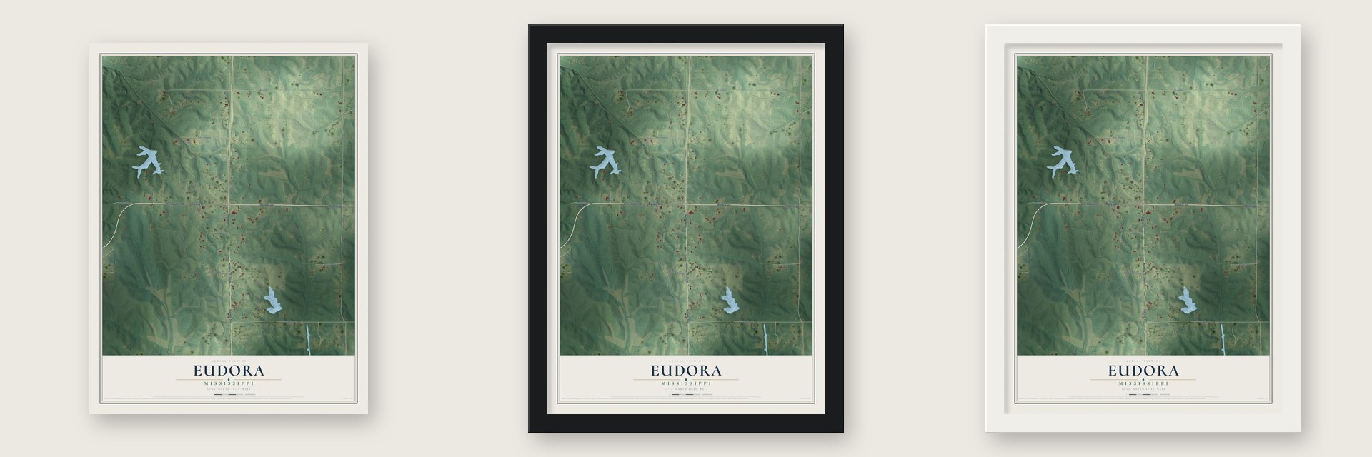 Eudora, Mississippi map unframed, in a black wood frame and in a white wood frame