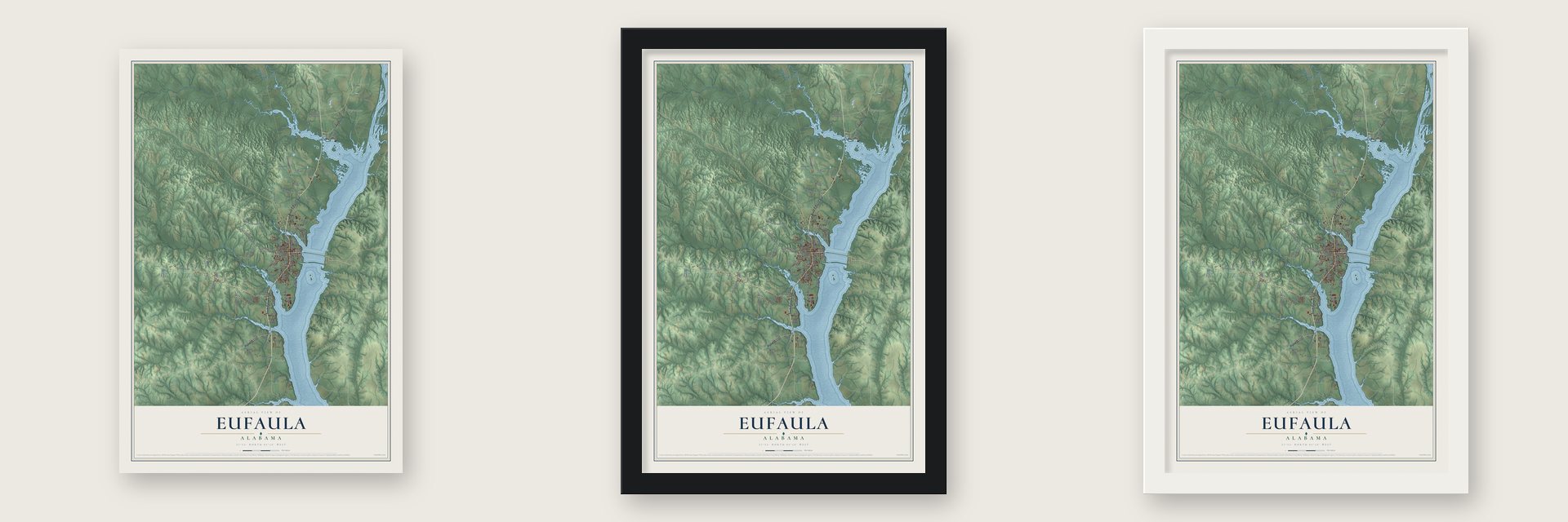 Eufaula, Alabama map unframed, in a black wood frame and in a white wood frame