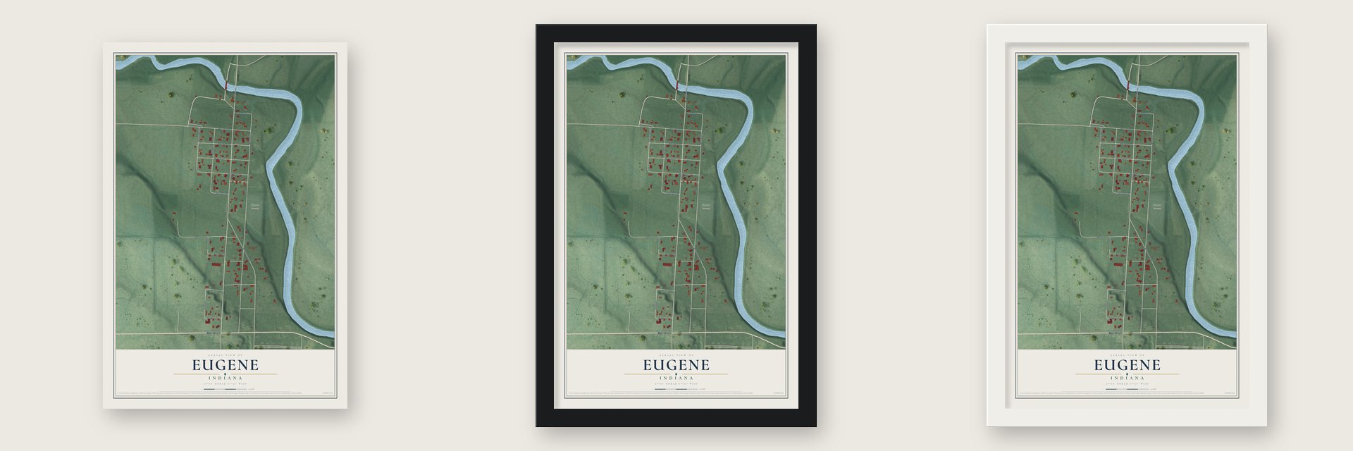 Eugene, Indiana map unframed, in a black wood frame and in a white wood frame