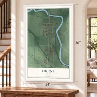 Eugene, Indiana map, 24 x 36 inch print in a white frame by a staircase