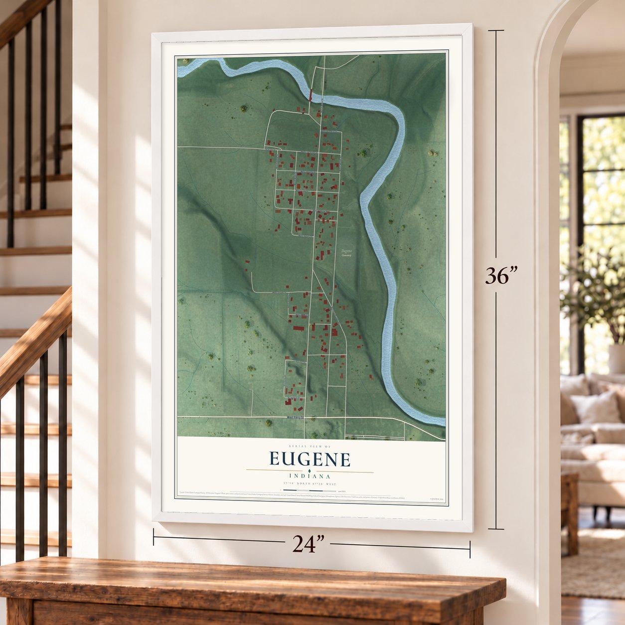 Eugene, Indiana map, 24 x 36 inch print in a white frame by a staircase