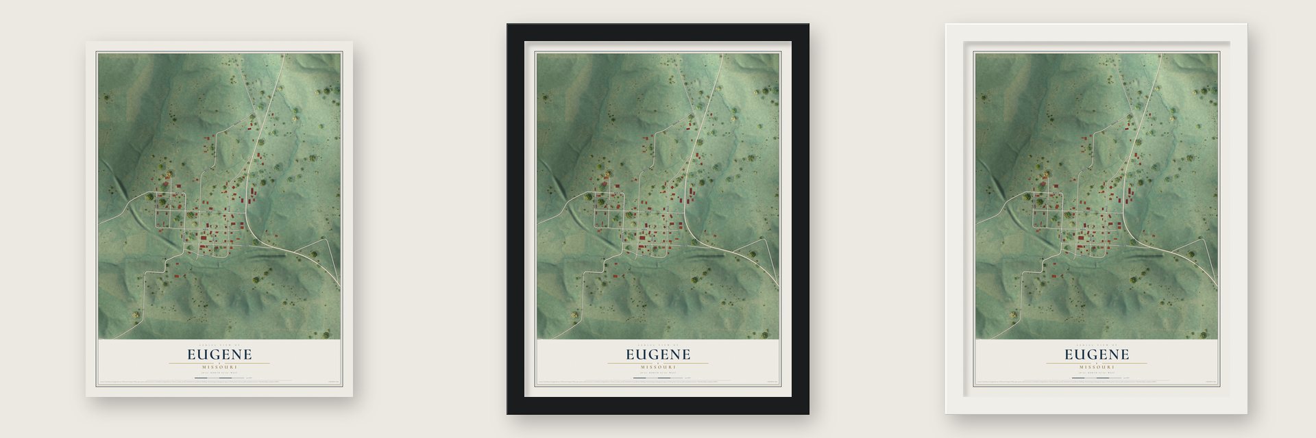 Eugene, Missouri map unframed, in a black wood frame and in a white wood frame