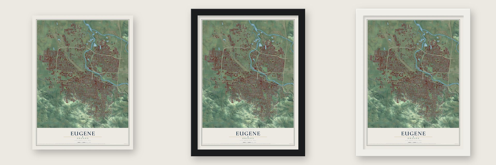Eugene, Oregon map unframed, in a black wood frame and in a white wood frame